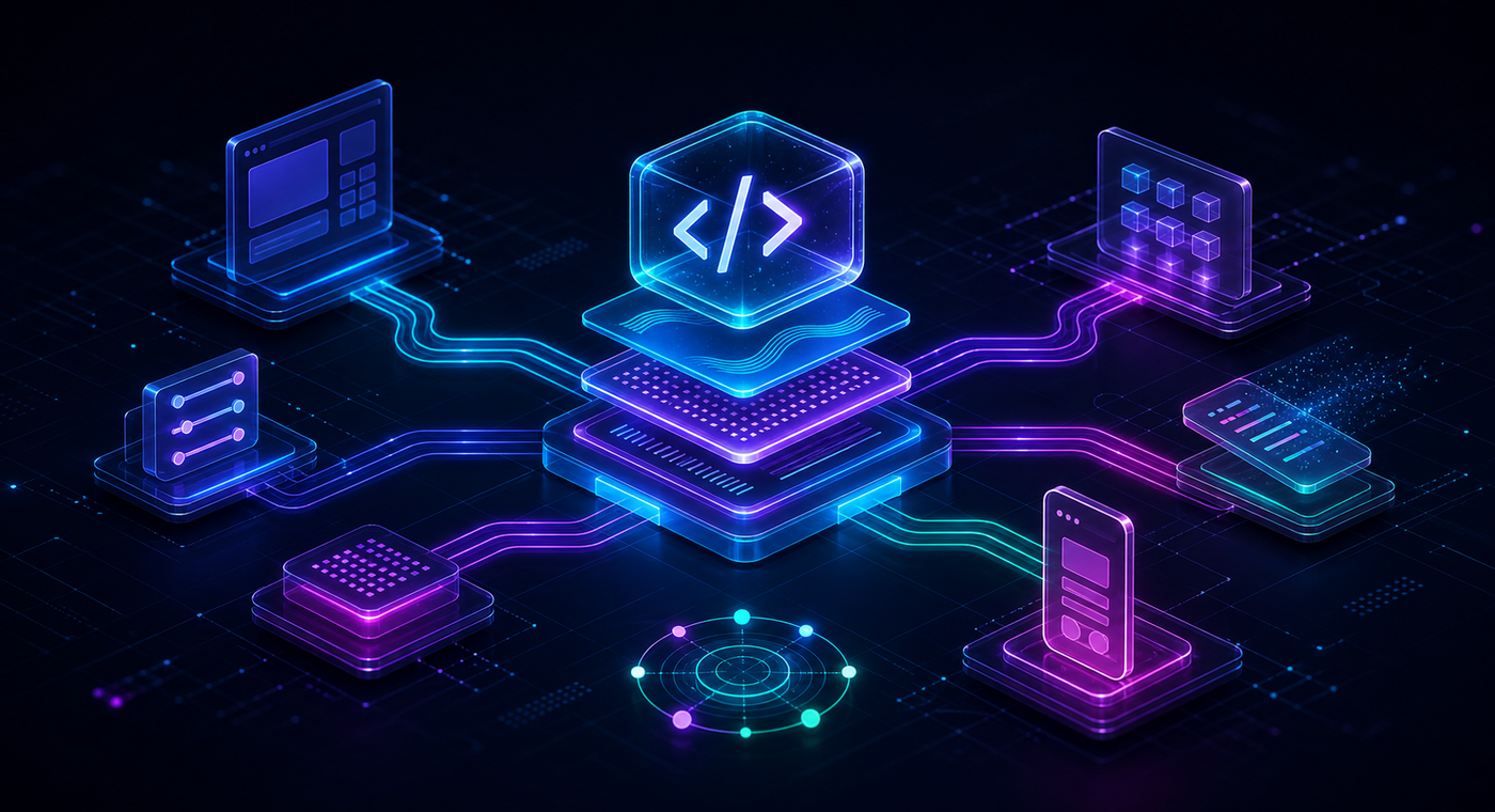 Abstract neon build stack connecting interface, code, component, motion, and mobile workflow modules.