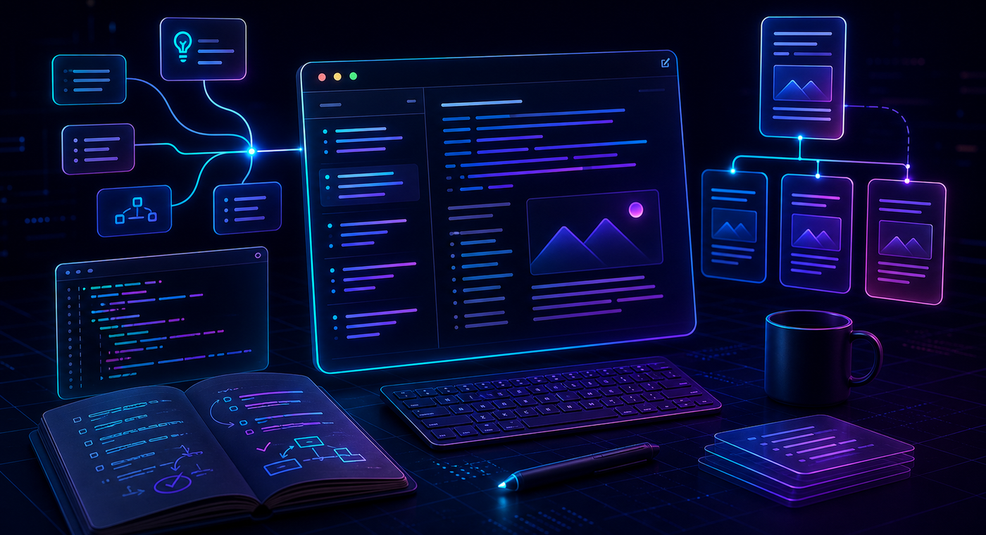 Neon writing workspace showing notes, drafts, and connected article cards.